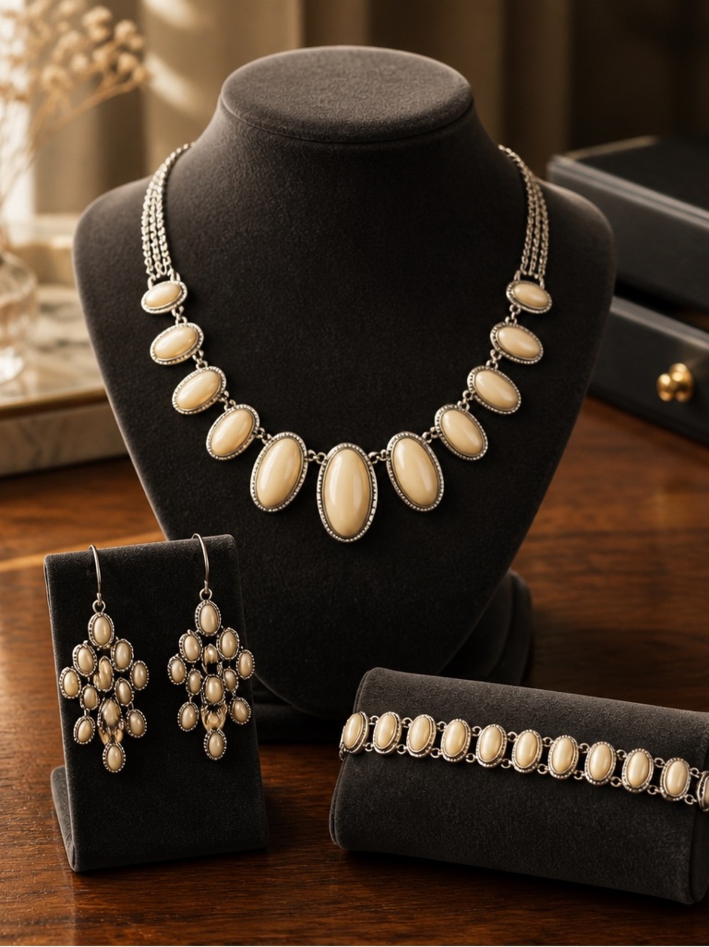 Ann Taylor Elegant Faux Pearl Statement Necklace, Bracelet & Earrings Set